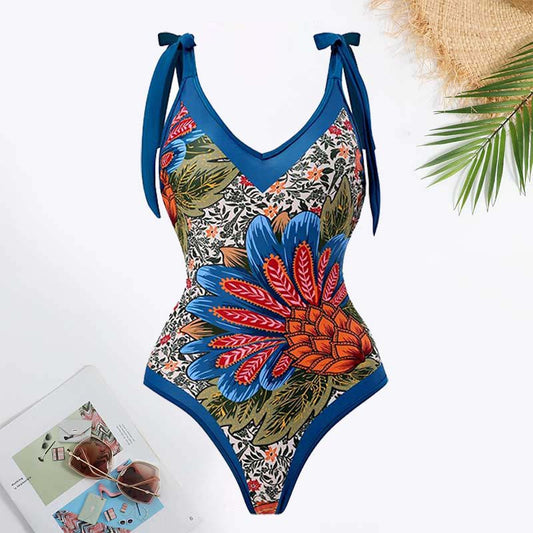 Tie-shoulder Printed One-Piece Swimsuit and Sarong