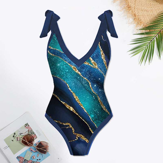 Tie-shoulder Galaxy Print One-Piece Swimsuit and Sarong