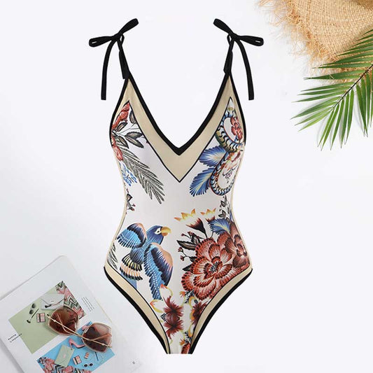 Tie-shoulder Bird & Floral Print One-Piece Swimsuit and Sarong