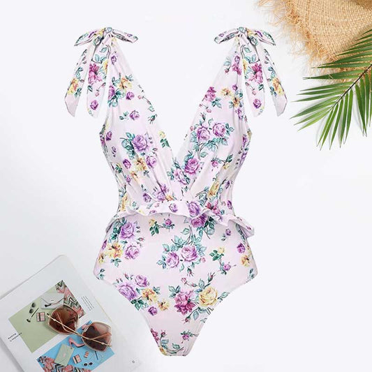 Tie-shoulder Purple Floral Print One-Piece Swimsuit and Sarong