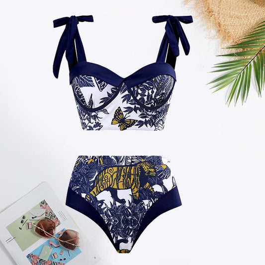 Tie-shoulder Butterfly Print Bikini Swimsuit and Sarong