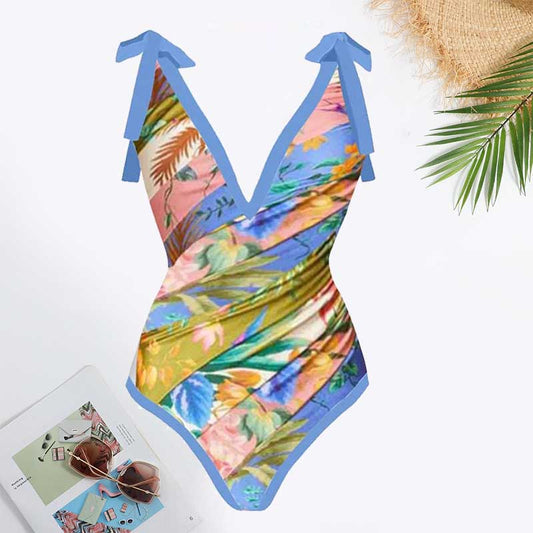 Tie-shoulder Ribbon Colorful Print One-Piece Swimsuit and Sarong
