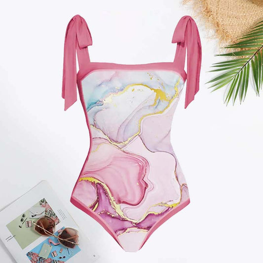 Tie-shoulder Pink Printed One-Piece Swimsuit and Sarong