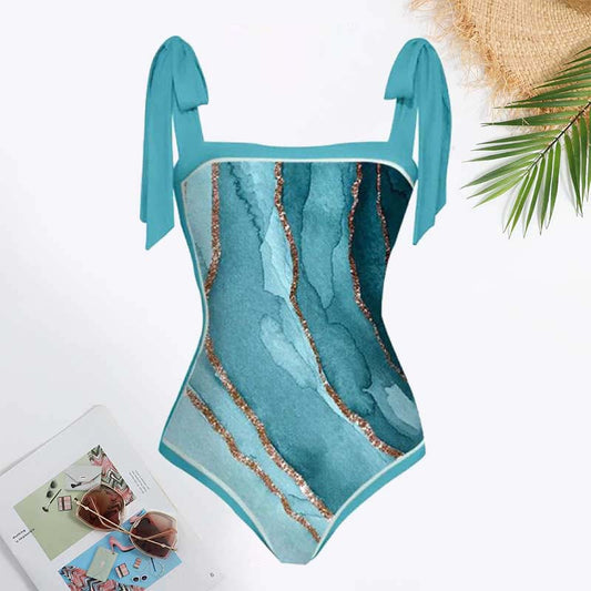 Tie-shoulder Cyan Printed One-Piece Swimsuit and Sarong