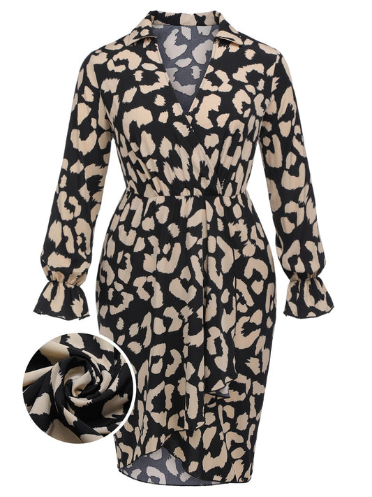 [Plus Size] 1960s V-Neck Leopard Pencil Dress