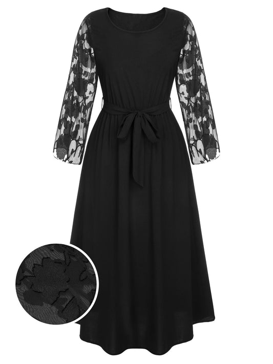 [Plus Size] Black 1930s Mesh Rose Patchwork Dress