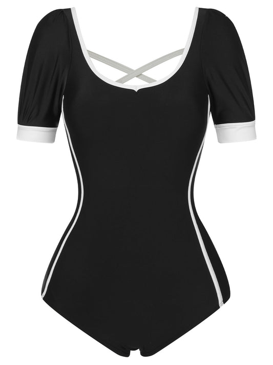 Black 1960s Puff Sleeves One-Piece Swimsuit