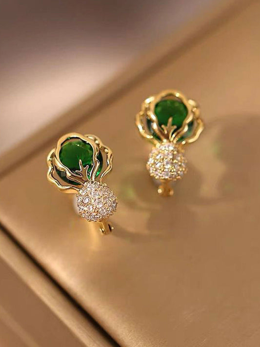 Green Gemstone Rhinestoned Earrings