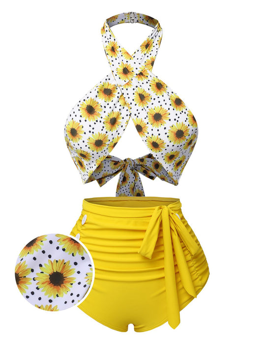 [Pre-Sale] Yellow 1950s Sunflower Cross Halter Swimsuit