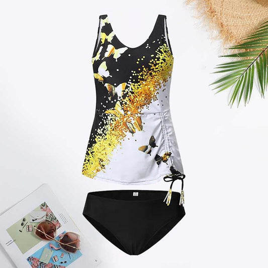 V-Neck Color Block Butterfly Print Tankini Swimsuit