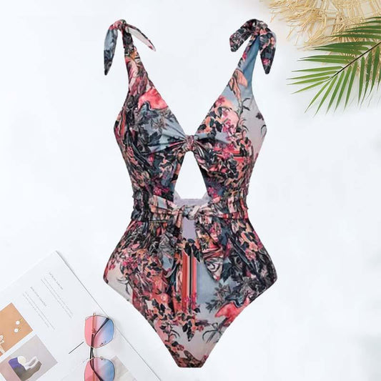 V-Neck Floral Print Cutout One-Piece Swimsuit and Pants
