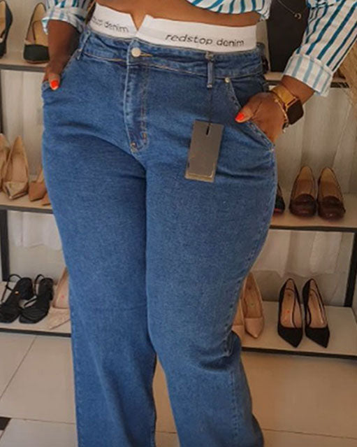 Lettered Double Waist Stretch Jeans (Pre-sale)