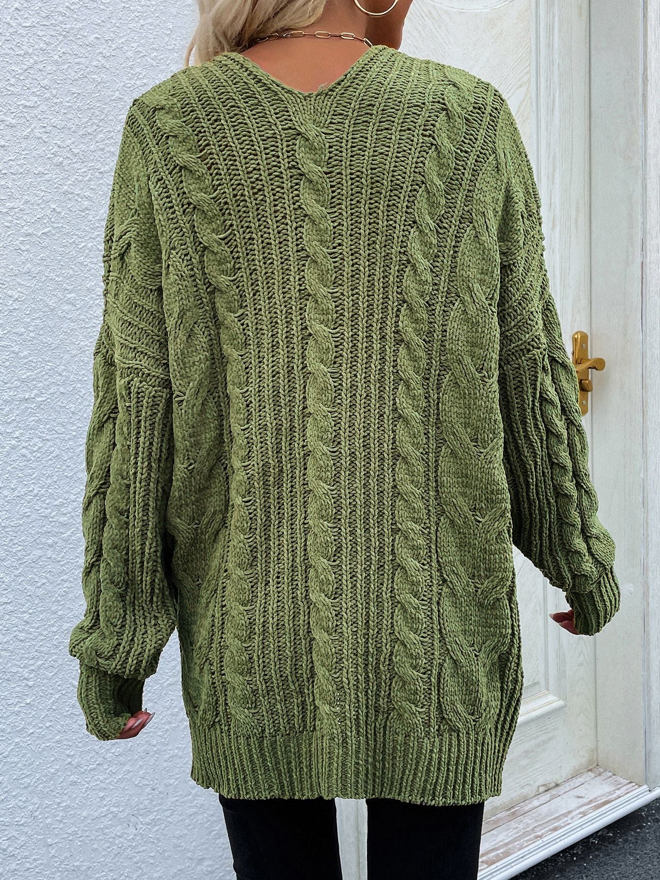 Cable-Knit Open Front Cardigan with Front Pockets