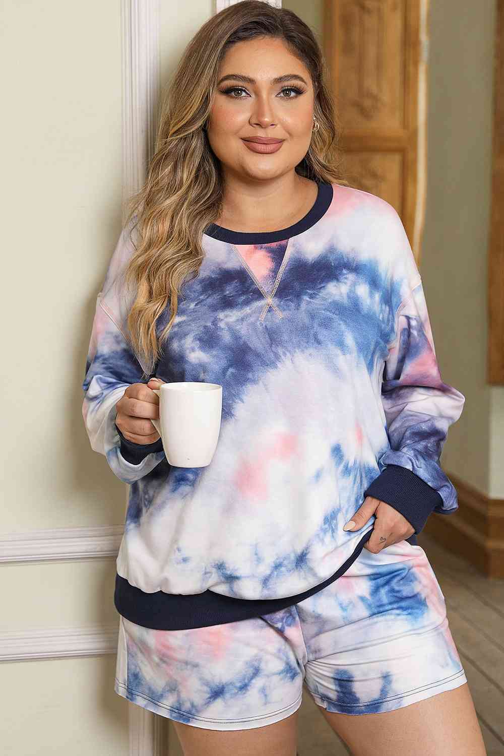 Plus Size Tie-Dye Long Sleeve Top and Shorts Set