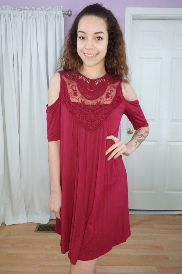 Burgundy Lace Cold Shoulder Dress