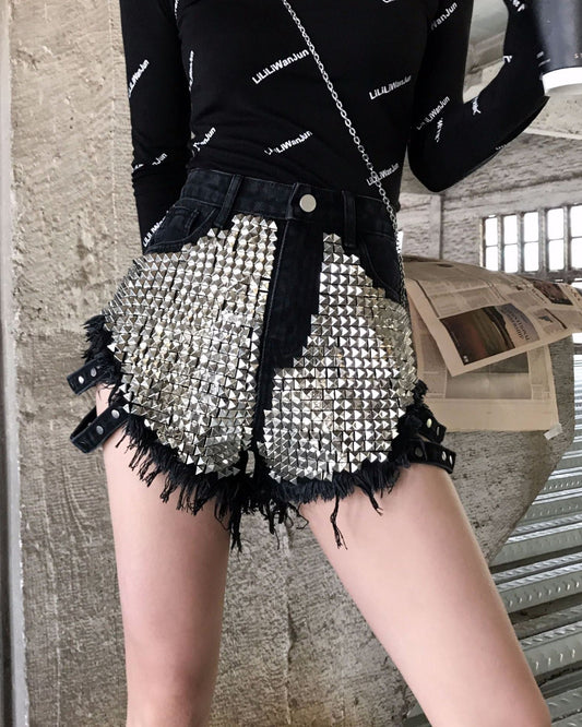 Side-Tie Fully Studded High-Rise Denim Shorts Black