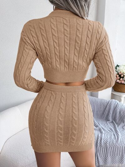 Cable-Knit Round Neck Top and Skirt Sweater Set 3 colors