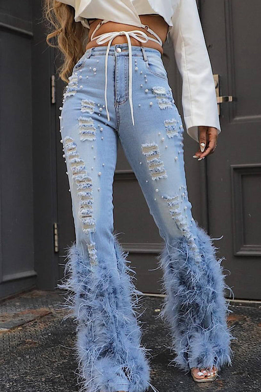 Street Solid Color Ripped Buttons Patchwork Beading Zipper Mid Waist Straight Denim Jeans