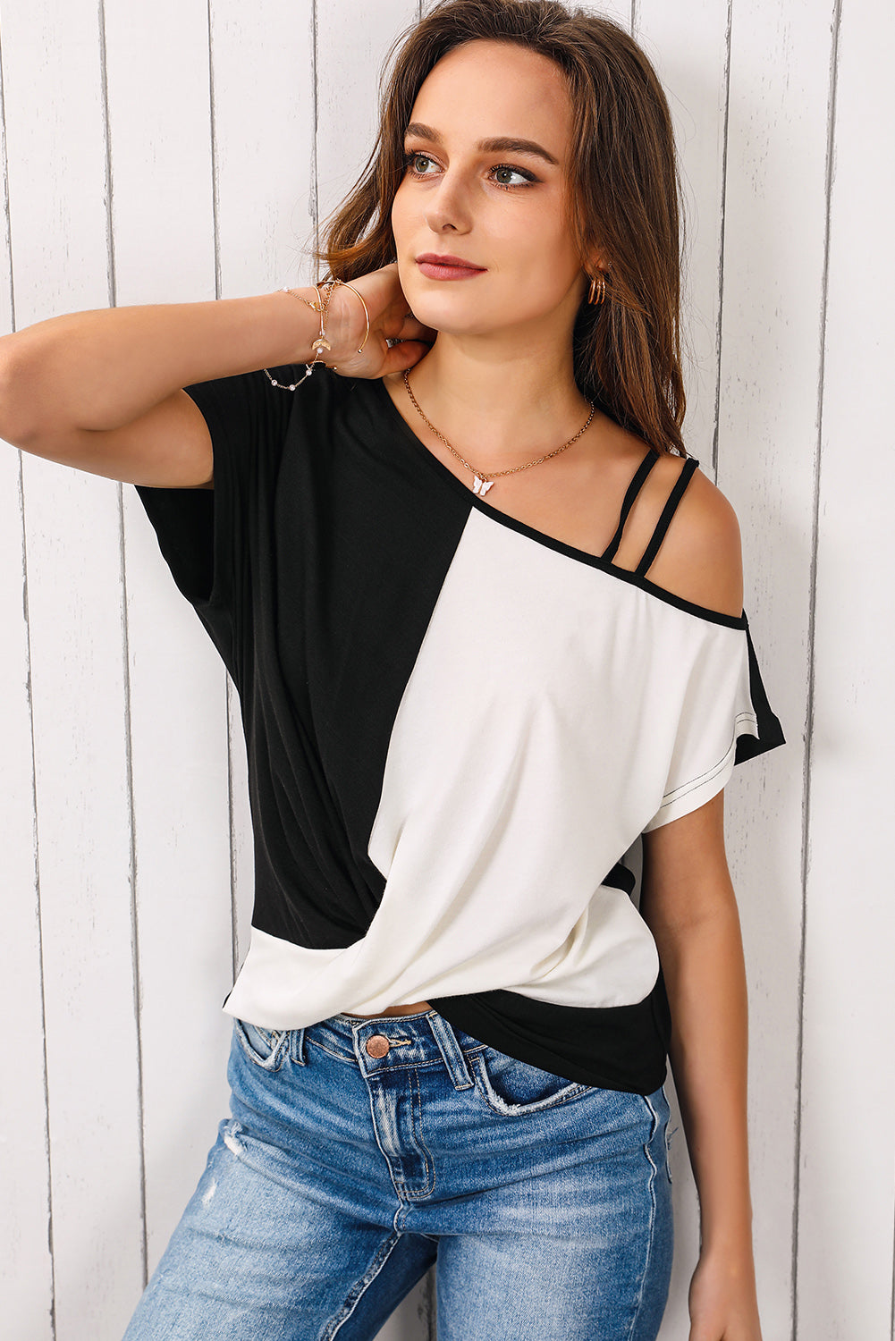 Contrast Twisted Asymmetrical Neck Top