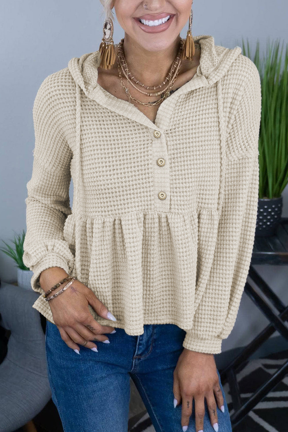 Full Size Buttoned Waffle-Knit Dropped Shoulder Hoodie