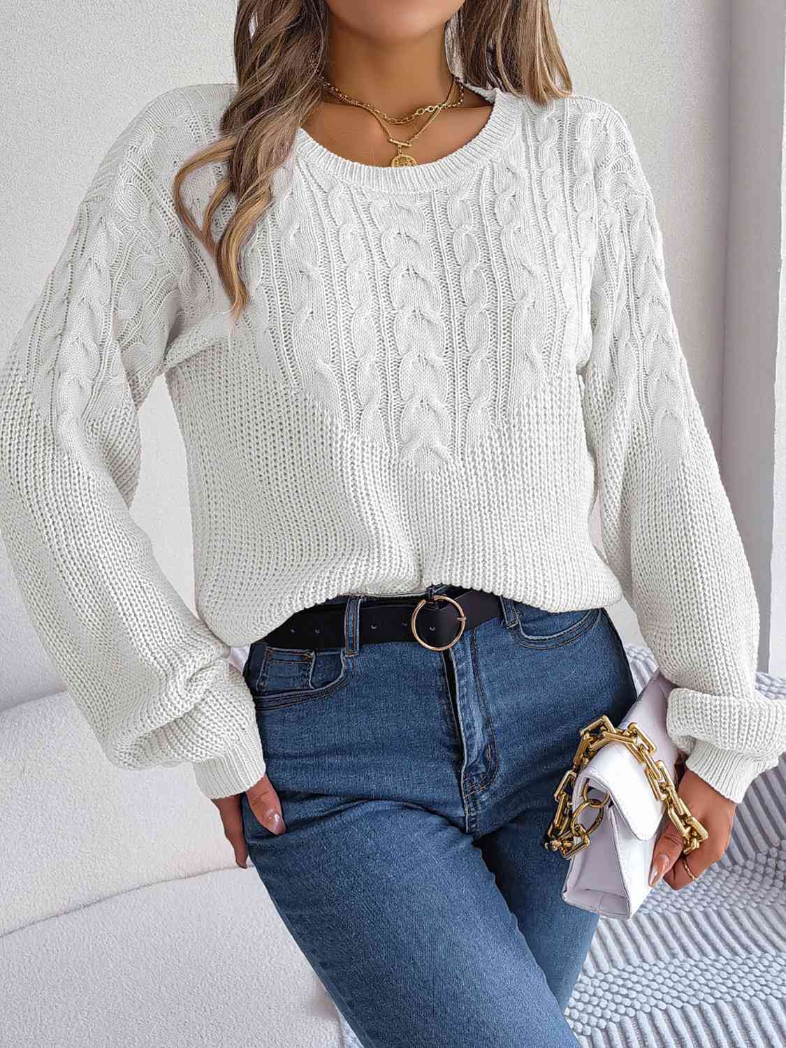 Cable-Knit Round Neck Drop Shoulder Sweater 3 colors