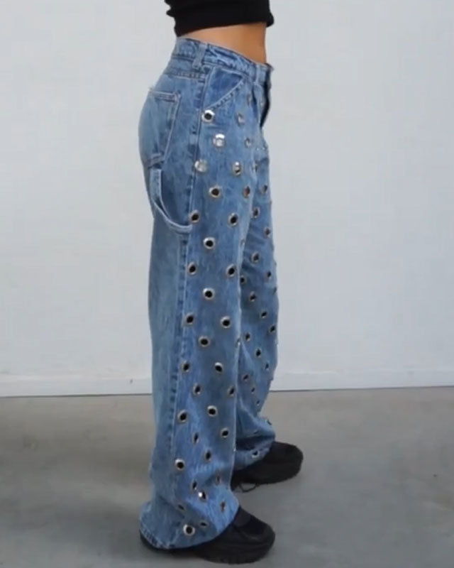 Single-Sided Eyelet Loose Jeans (Pre-sale)