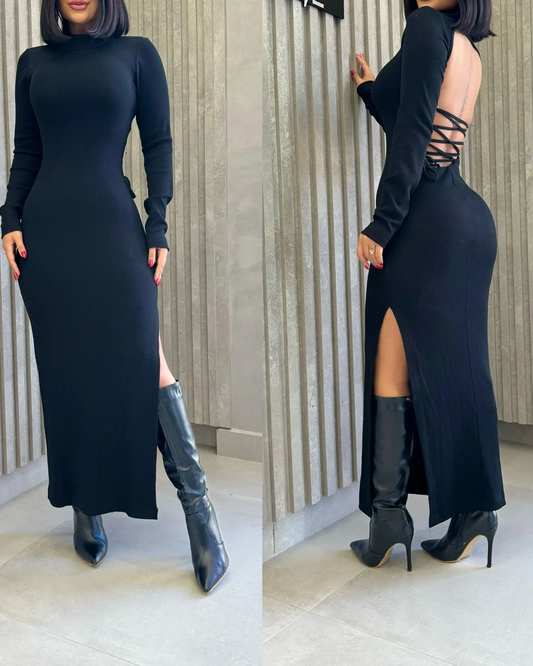 Long Sleeve Slit Open Back Strappy Knitted Dress (Pre Sale)