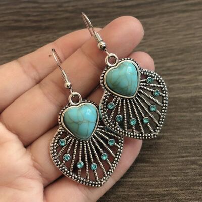 Artificial Turquoise Rhinestone Heart and Leaf Shape Earrings
