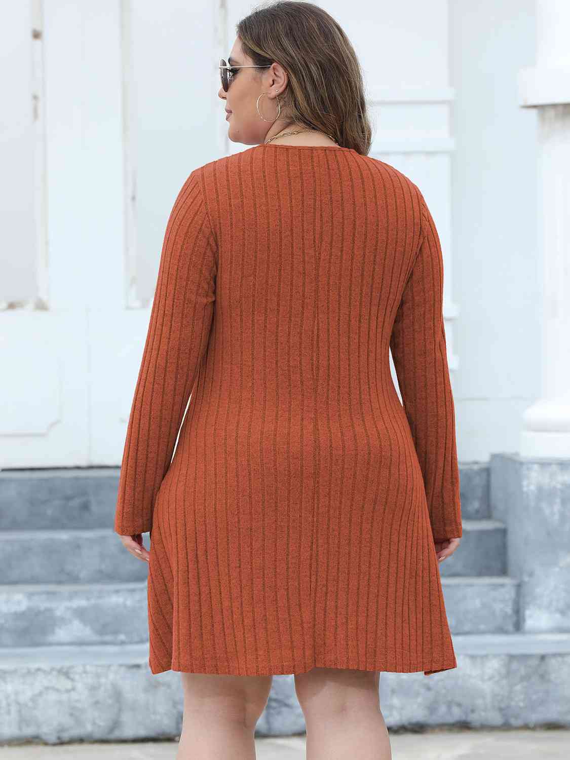 Plus Size Ribbed Buttoned V-Neck Long Sleeve Dress