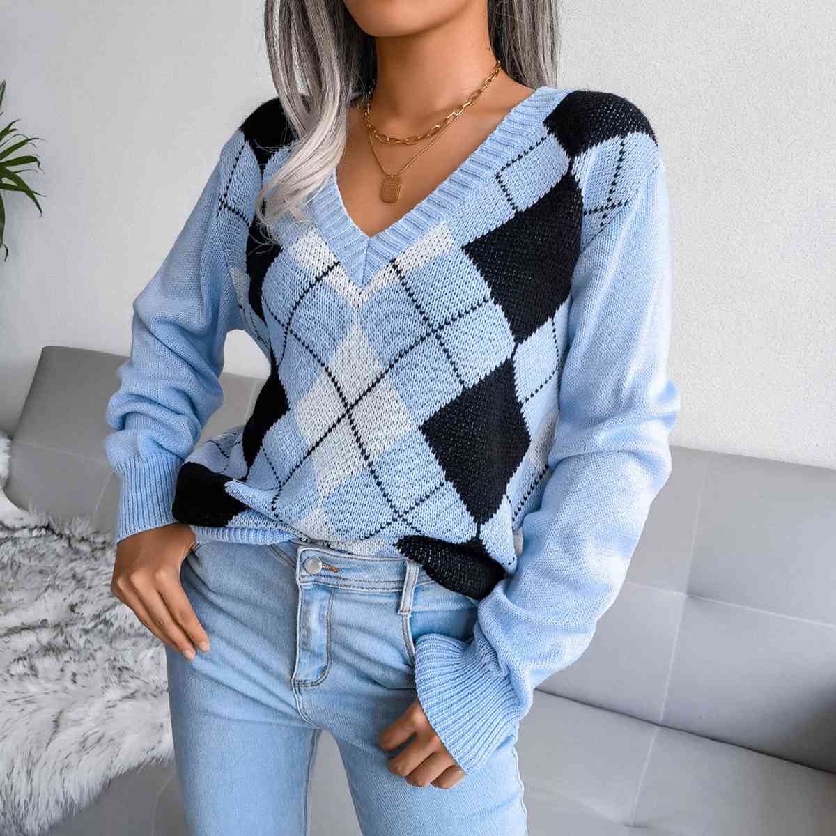 Geometric V-Neck Sweater