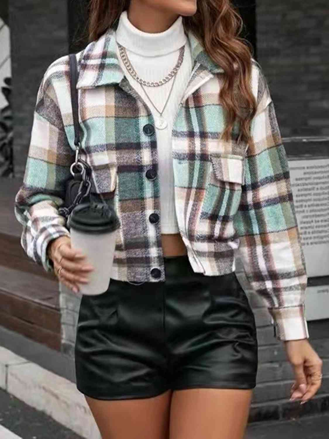 Plaid Collared Neck Button Down Jacket