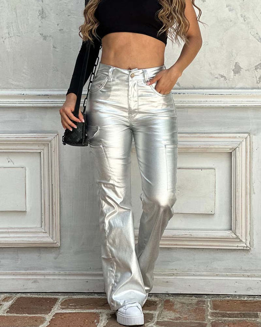 Eco-Leather Pants With Loose Legs Silver