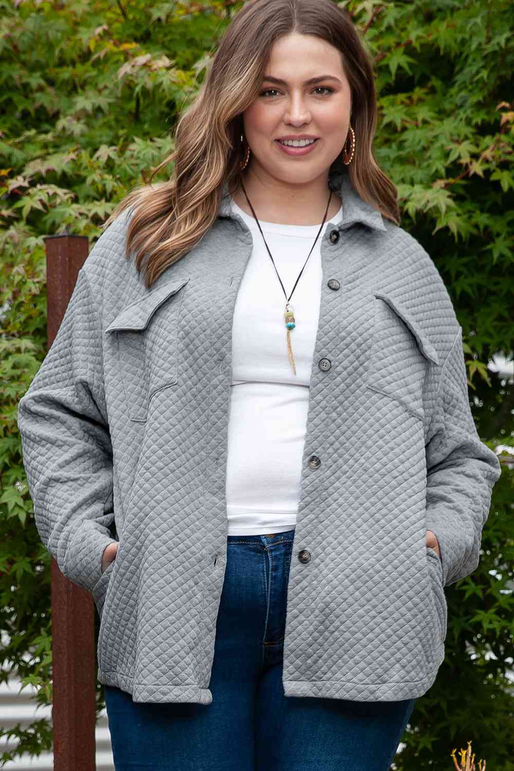 Plus Size Collared Neck Button Up Pocketed Jacket