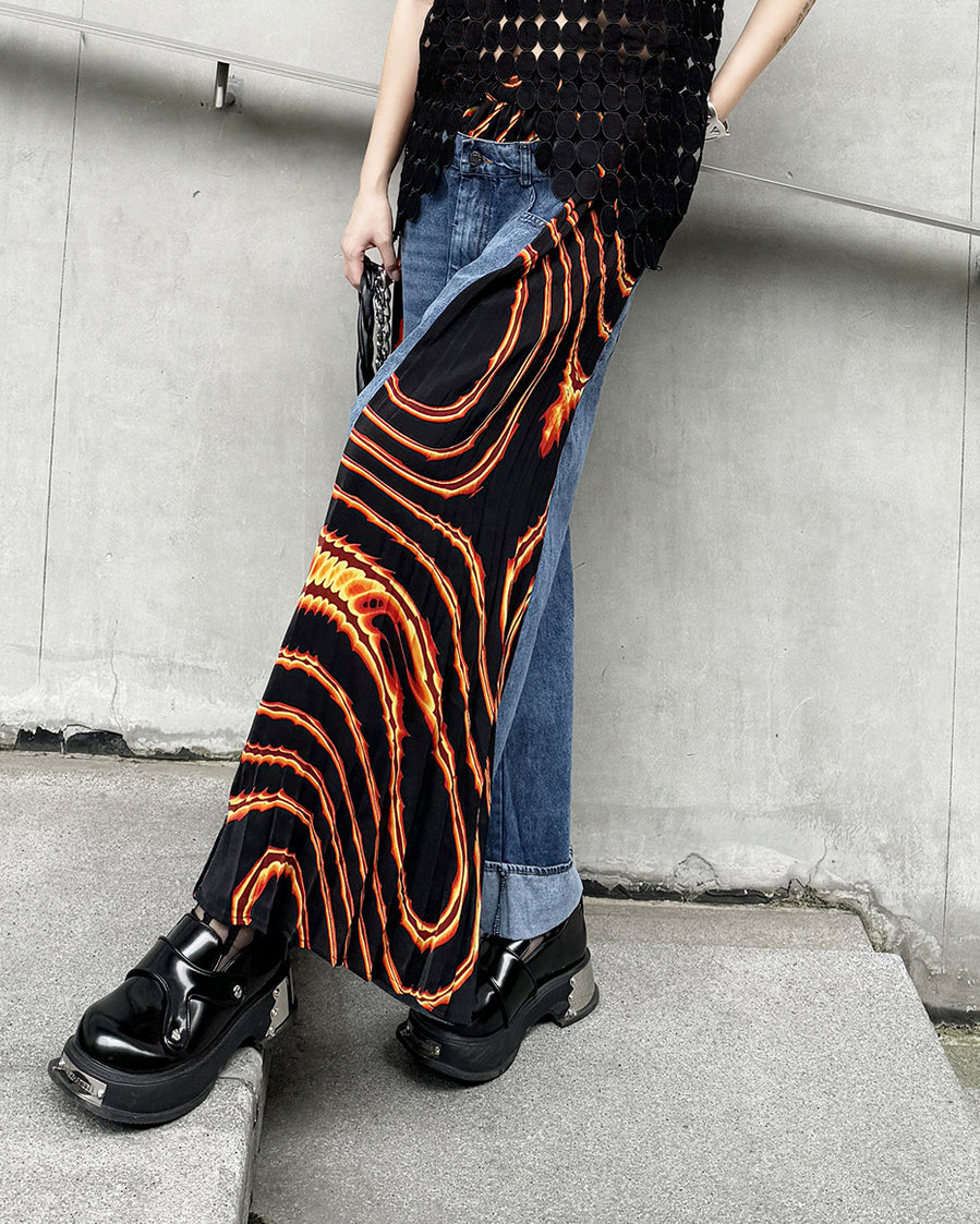 Retro Contrast Paneled Pleated Casual Straight Leg Jeans