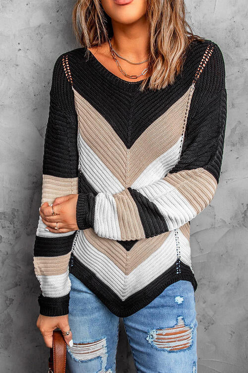 Eyelet Color Block Long Sleeve Sweater 6 colors