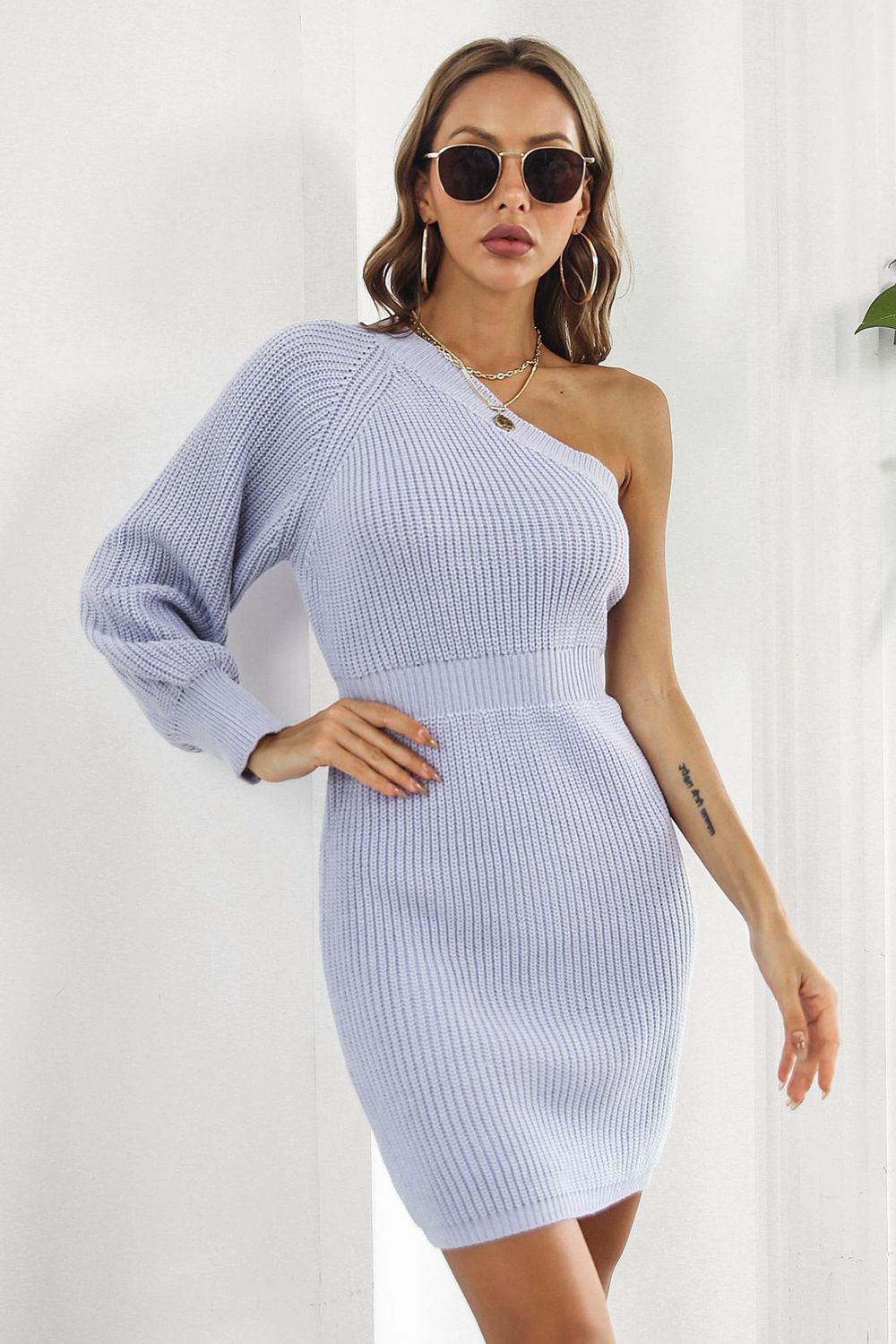 One Shoulder Raglan Sleeve Pencil Sweater Dress