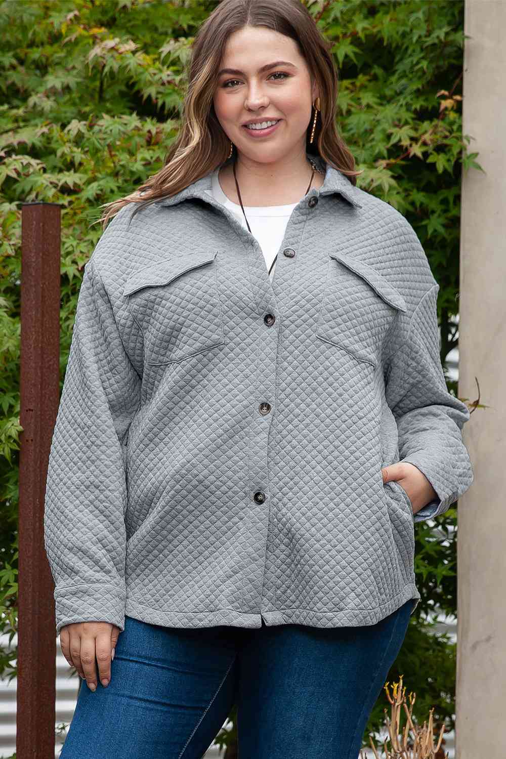 Plus Size Collared Neck Button Up Pocketed Jacket