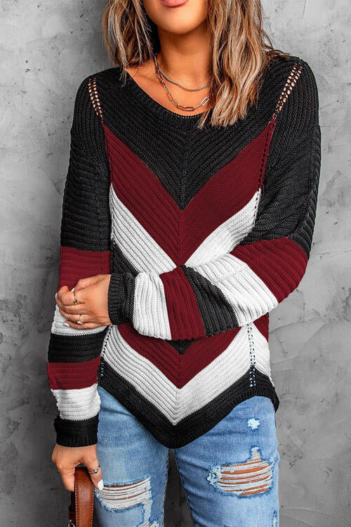 Eyelet Color Block Long Sleeve Sweater 6 colors