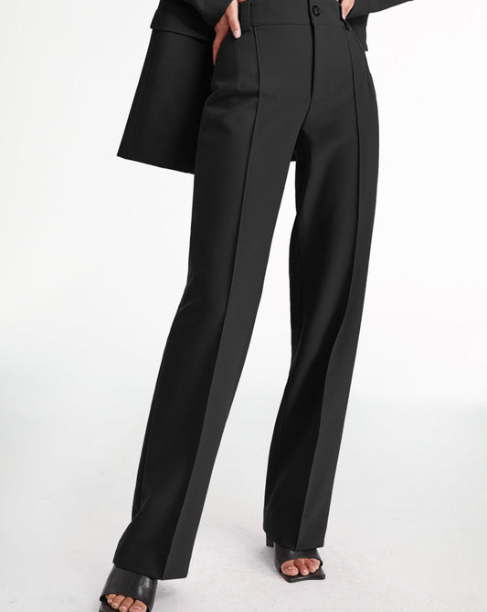 High Waisted Pleat Front Solid Colored Straight Leg Trousers Black