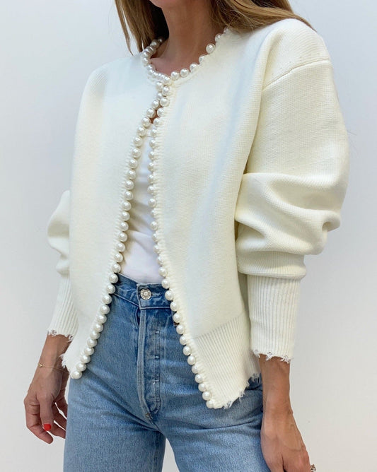 Pearl Trim Ripped Hem Cardigan White