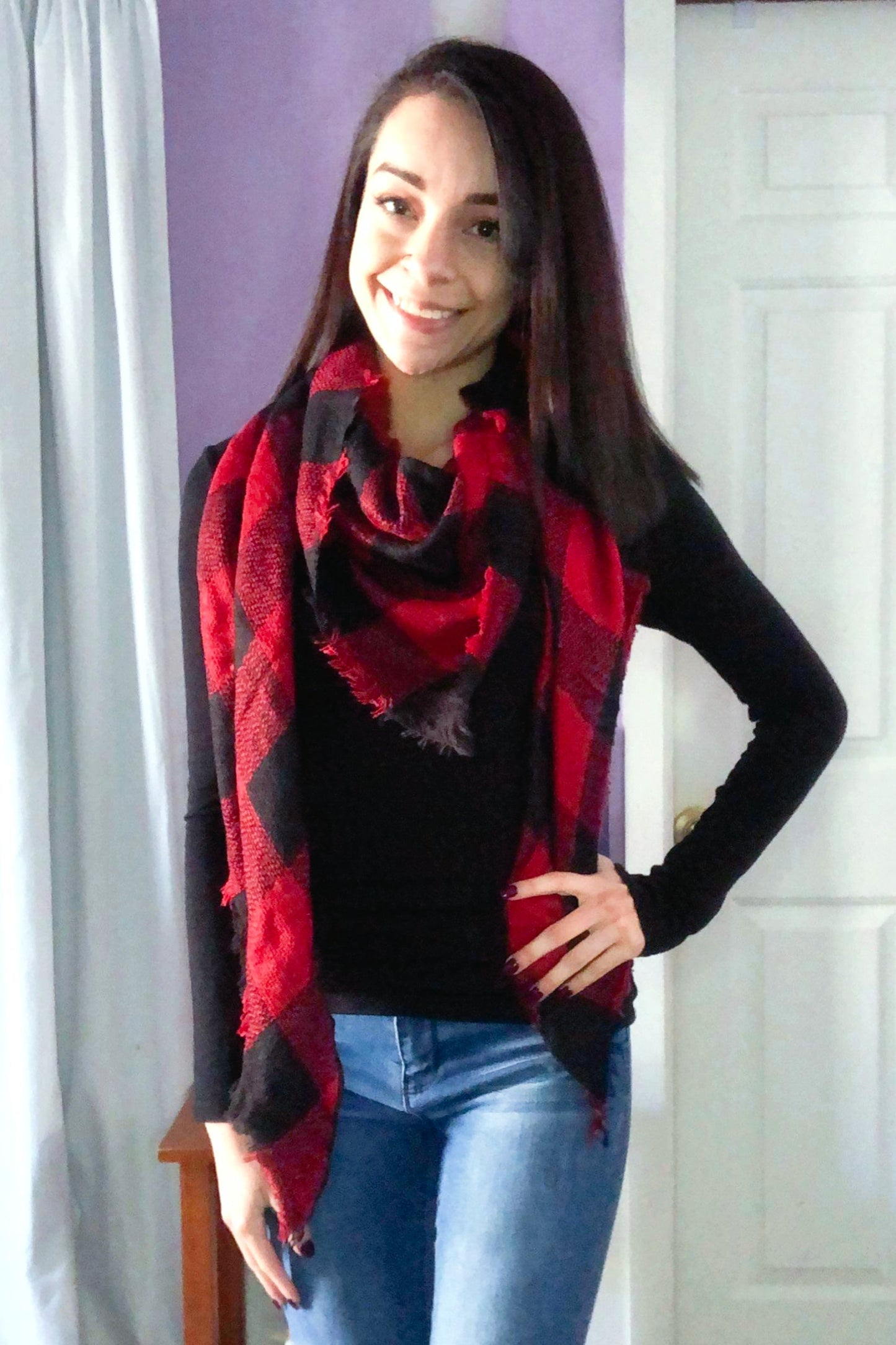 Buffalo Plaid Half Size Blanket Scarf in Red