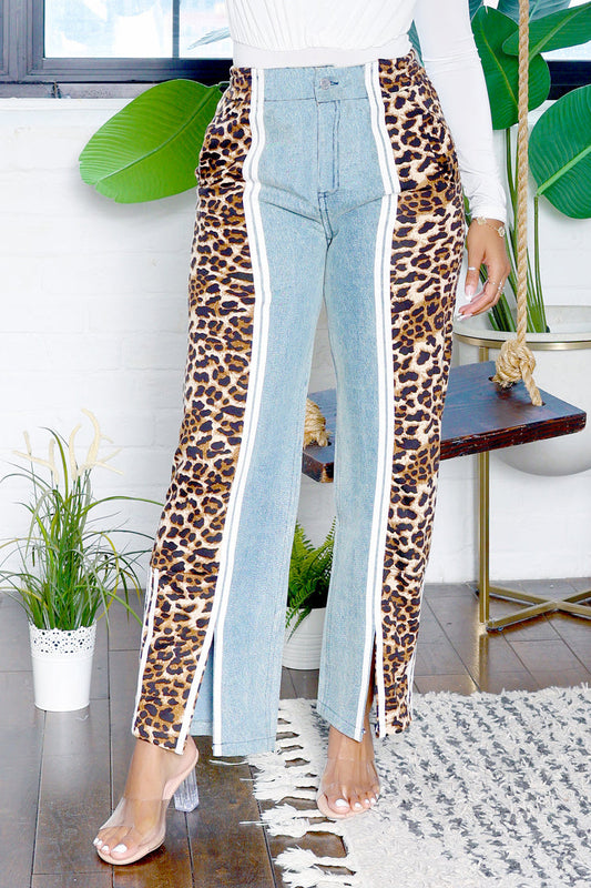 Stylish Leopard Print Splicing Split Hem Jeans