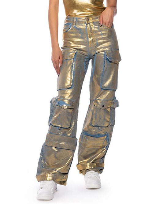 Pocket Cargo Style Metallic Jeans Gold