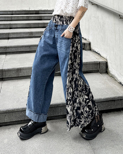 Retro Contrast Paneled Pleated Casual Straight Leg Jeans