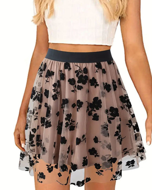 Flocked Mesh Flower A-Hem Short Skirt RosyBrown