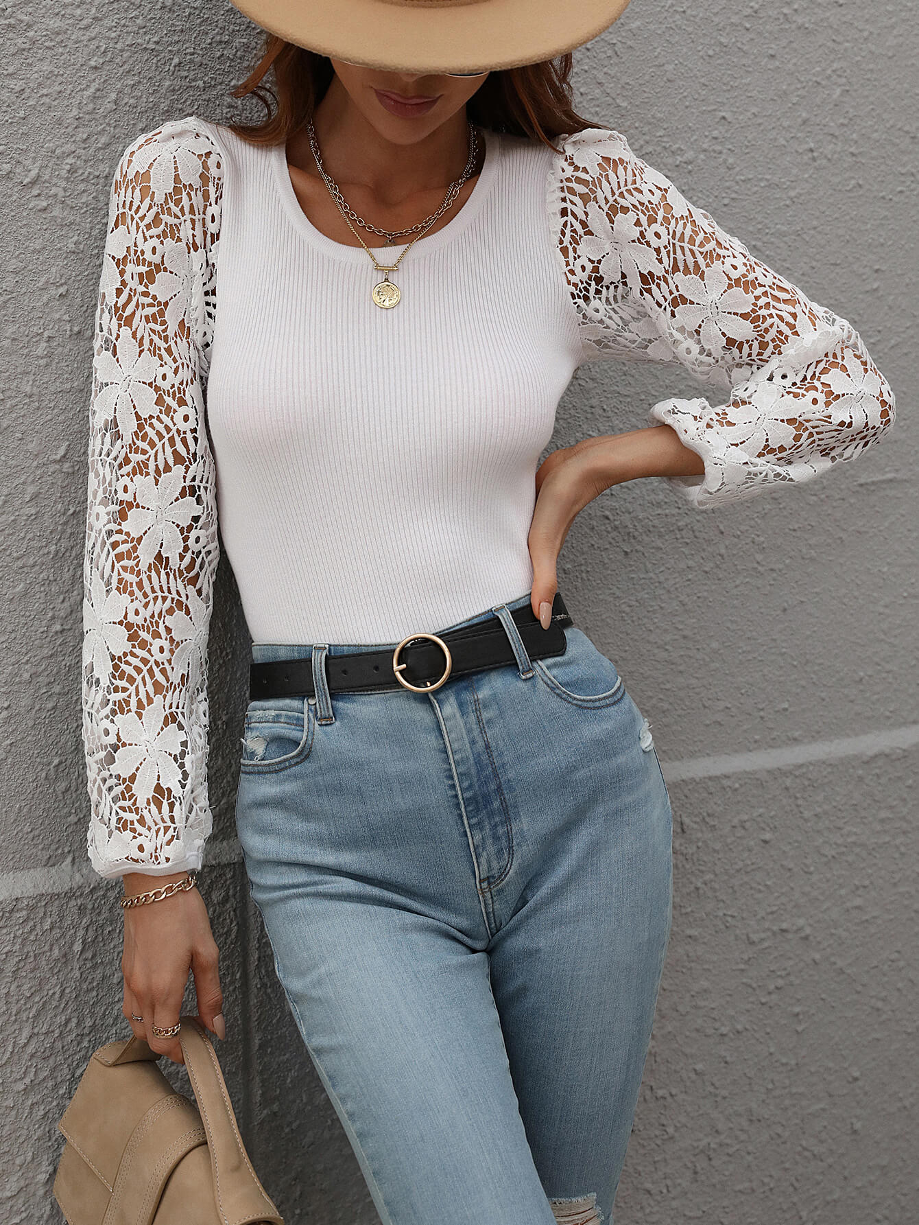 Lace Sleeve Round Neck Ribbed Top 6 colors