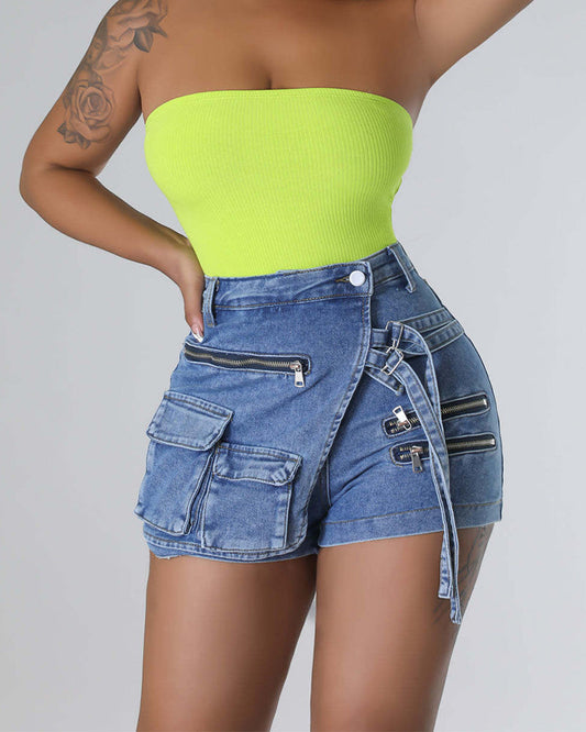 Stretch-Zip Multi-Pocket Denim Shorts Blue