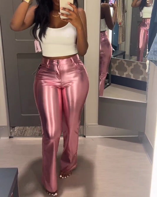 Women's High-Rise Barbie Metallic Faux Leather Flare Pants(Pre sale) Pink