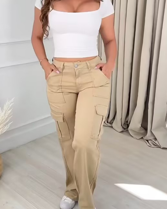 High Waist Solid Color Stretch Cargo Jeans(Pre sale) Khaki