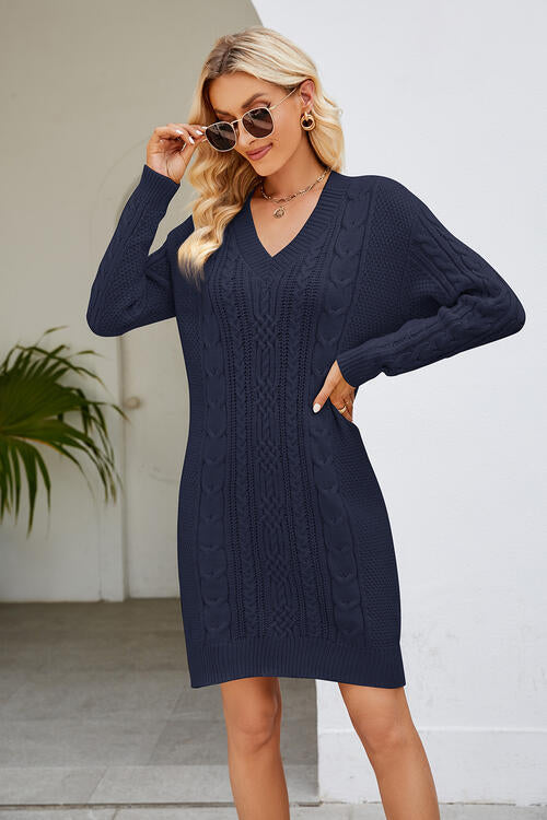 Cable-Knit Long Sleeve Sweater Dress